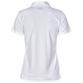 White ladies polo shirt with self-striped texture, short sleeves and collar, rear view showing smooth flat back panel