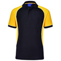 Kids contrast polo shirt with black body, bright gold raglan sleeves and matching sleeve cuffs