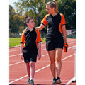 Child and adult on athletics track wearing black and orange tri-colour pique polo shirts with contrast side panels