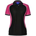 Black polo shirt with vibrant pink raglan sleeves and white contrast piping, featuring short sleeves and collared neckline