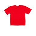 Bright red crew neck t-shirt with short sleeves and relaxed fit displayed flat on white background