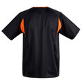 Black kids short sleeve soccer jersey rear view with flame orange contrast side panels