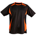 Black and orange contrast panel sports shirt with raglan sleeves and crew neck