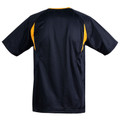 Navy athletic shirt with gold contrast panels along shoulders and sides, back view