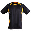 Black sports jersey with gold contrast panels on shoulders and sides, crew neck with gold trim