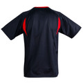 Back view of navy and red kids short sleeve soccer jersey with contrast side panels and crew neck