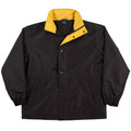 Black fleece jacket with golden yellow contrast collar and snap button placket