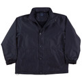 Navy coaches jacket with snap buttons, elastic cuffs, and adjustable hem for decoration