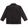 Back view of black long-sleeve shell jacket with white reflective piping along yoke and sleeves
