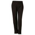 Black polyester track pants with white side piping and elasticated waistband