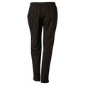 Black track pants with elastic waistband and side pockets, rear view