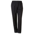 Black polyester track pants with elasticated waistband and side pockets