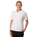 White short sleeve polo shirt with collar and button placket, styled with black trousers