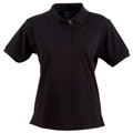 Black short sleeve polo shirt with classic collar and button placket for women