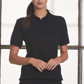 Women's black short sleeve polo shirt with classic collar and button placket