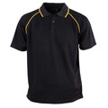 Black kids' polo shirt with gold contrast piping along raglan sleeves and collar trim