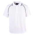 White CoolDry polo shirt with navy contrast piping along raglan sleeves and collar