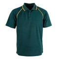 Bottle green kids raglan polo with gold contrast piping on collar and sleeves, three-button placket, flat lay packshot
