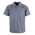 Kids steel grey raglan polo shirt with orange contrast piping on shoulders and three-button placket