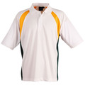 White polo shirt with gold raglan sleeves and dark green side panels featuring contrast colour blocking