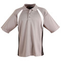 Grey polo shirt with white and black contrast panels on shoulders and sides
