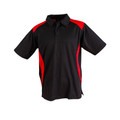 Black+Red Plain Secret children's short sleeve CoolDry polo shirt with contrast panels, made from quick-dry polyester mesh for moisture-wicking comfort and team uniforms.