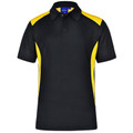 Black kids' polo shirt with golden yellow contrast panels on shoulders and sides