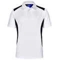 White kids polo shirt with navy contrast panels on shoulders and sides featuring collar and placket