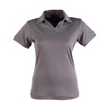 Grey women's polo shirt with charcoal collar and V-neck panel, short sleeves with shoulder detail
