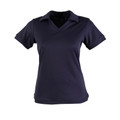 Navy ladies polo shirt with v-neck collar and short sleeves featuring TrueDry micromesh fabric