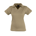 Khaki ladies polo shirt with open collar and short sleeves featuring micromesh fabric texture