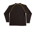 Black long sleeve polo with gold contrast piping along raglan seams and collar trim