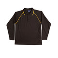 Charcoal long sleeve polo with gold contrast piping along collar and raglan sleeves