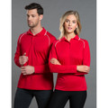 Male and female models wearing red long sleeve polo shirts with white contrast piping on shoulders and collar
