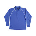 Royal blue long sleeve polo with white contrast piping along raglan sleeves and collar trim