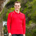 Man wearing red long sleeve polo with white contrast piping on shoulders and collar