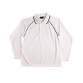 White long sleeve polo shirt with black contrast piping along raglan sleeves and collar