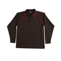 Black long sleeve polo with red contrast piping along raglan seams and collar trim
