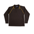 Charcoal long sleeve polo with gold contrast piping along raglan sleeves and collar