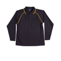 Navy long sleeve polo with gold contrast piping along shoulders and collar