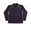 Navy long sleeve polo with white contrast piping along raglan seams and collar trim