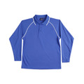 Royal blue long sleeve polo with white contrast piping on raglan sleeves and collar trim