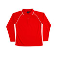 Bright red long sleeve polo with white contrast piping along raglan seams and collar trim