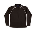 Black long sleeve polo with white contrast piping along raglan seams and collar trim