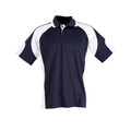 Navy polo shirt with white contrast panels on shoulders and sleeves, featuring CoolDry fabric construction