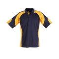 Navy+Gold Plain LOKI kids' short sleeve polo shirt in CoolDry mini waffle knit with contrast panels, featuring moisture-wicking, anti-bacterial fabric, and UV protection for sports uniforms.