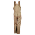 Khaki cotton bib overalls with action back, elasticated waist, cargo pocket and contrast tan reinforcement panels