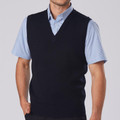 Man wearing a navy V-neck knit vest over a light blue striped short-sleeve shirt