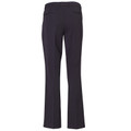 Rear view of navy ladies tailored pants with back welt pockets, belt loops, and pressed centre crease