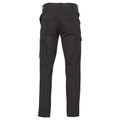 Charcoal cargo pants with side cargo pockets and rear welt pockets, back view